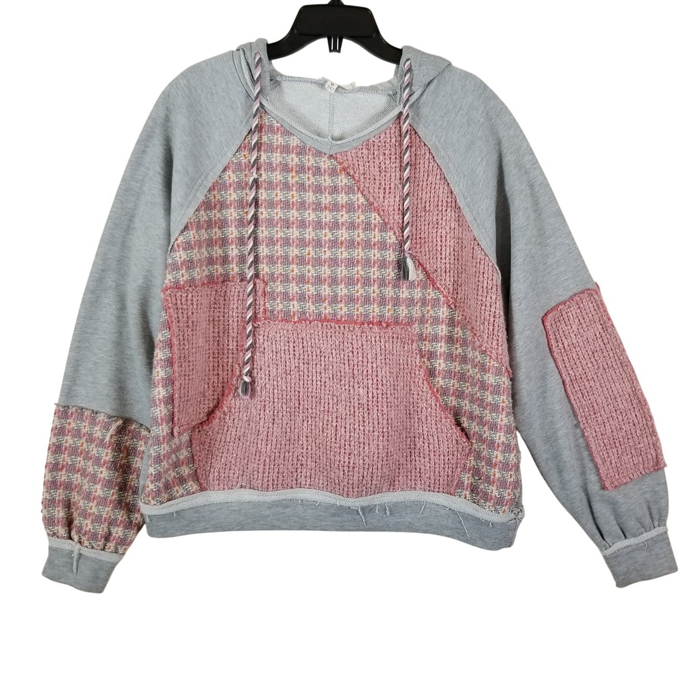 Oli & Hali Pink Grey Mixed Media Patchwork Hoodie Plaid Raw Hem JT0355 Womens M